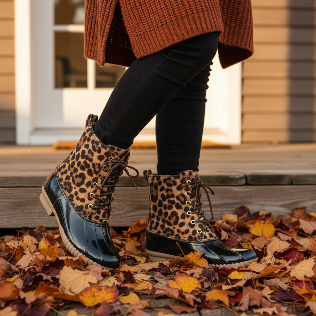 Women's leopard print duck boot worn with rust knit sweater and black jeans on rustic porch with autumn leaves