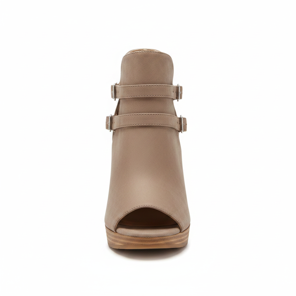 Qupid Finley taupe peep-toe wedge bootie straight front view showing open toe and buckle straps, white background