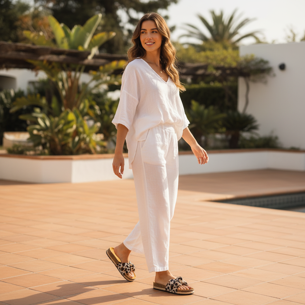 Woman wearing toffee leopard print bow slide sandals with cork jute sole, styled with white linen pants on a sunny terracotta patio, resort boho style