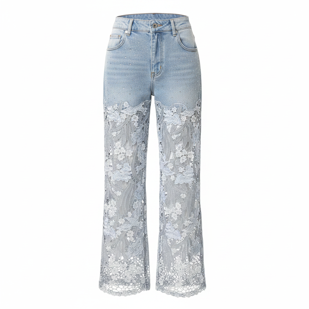 Women's light blue rhinestone denim wide-leg jeans with sheer floral lace panels, high-waist fit
