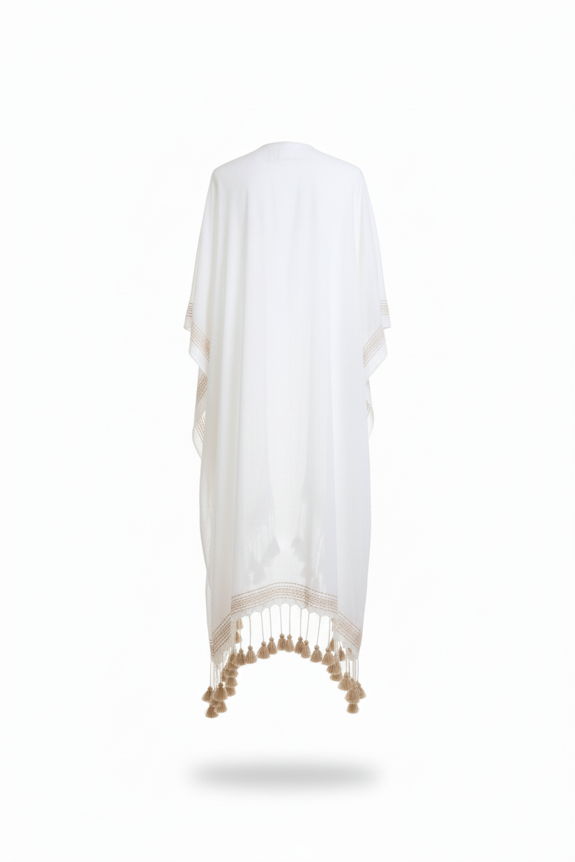 White women’s longline tassel trim kimono wrap on white background