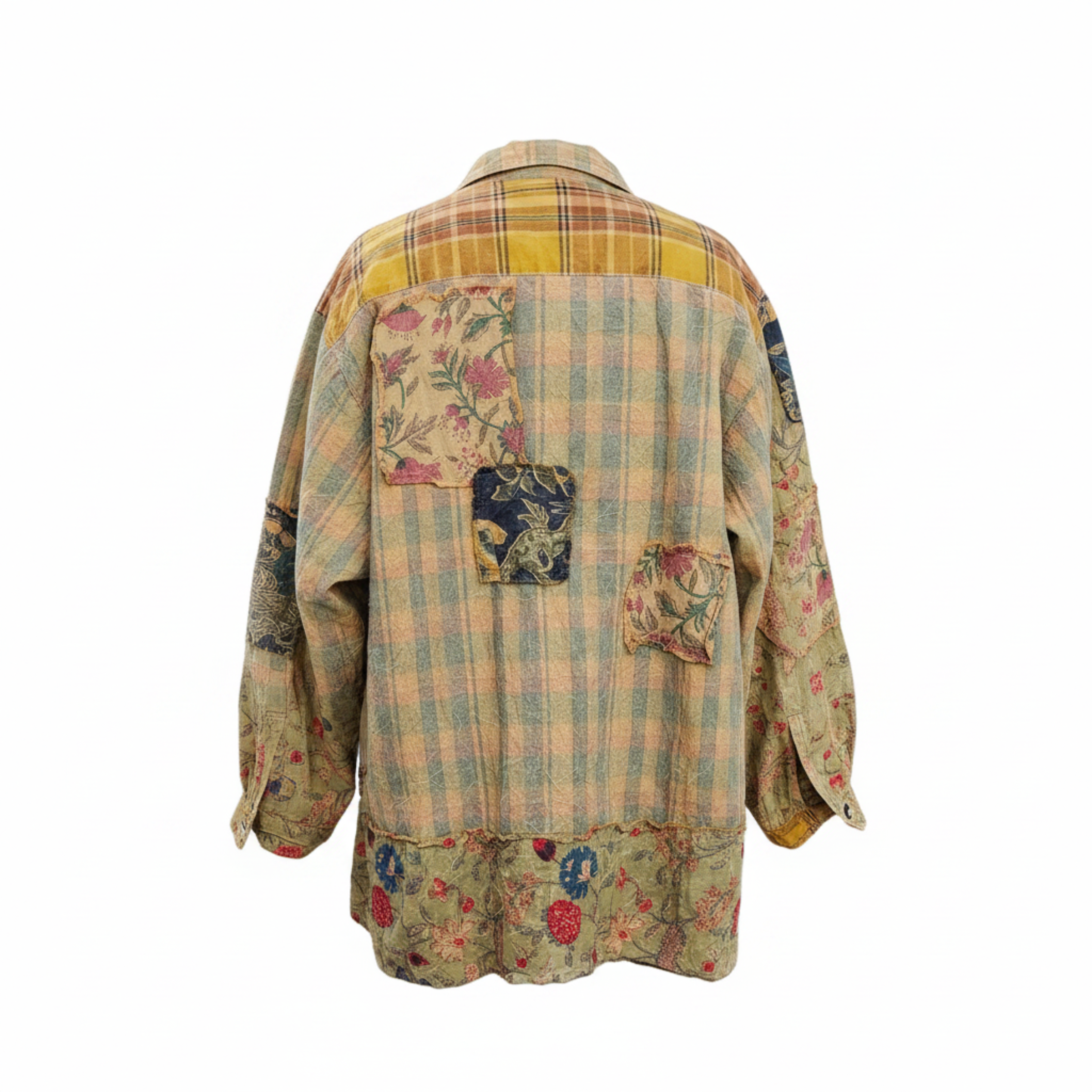 Women's golden olive patchwork jacket back view, mustard plaid yoke, floral tapestry patches, crinkled cotton