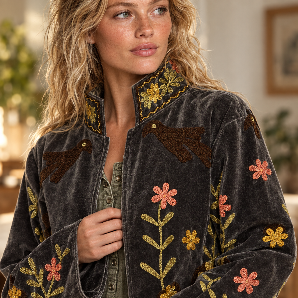 POL Clothing velvet jacket close-up of embroidered collar and multicolor floral vine detail