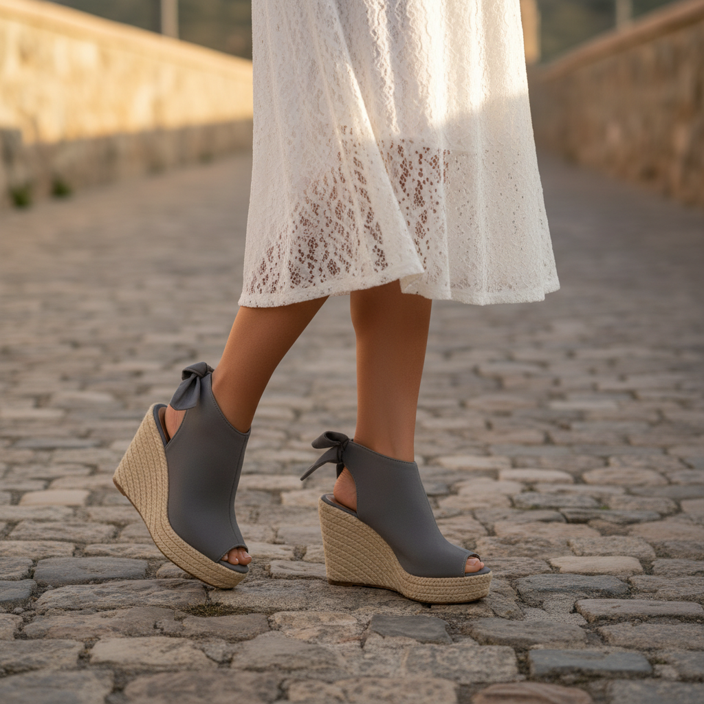 Woman walking in Refresh Emery-03 gray espadrille wedge sandals on a paved path, knees-down lifestyle close-up
