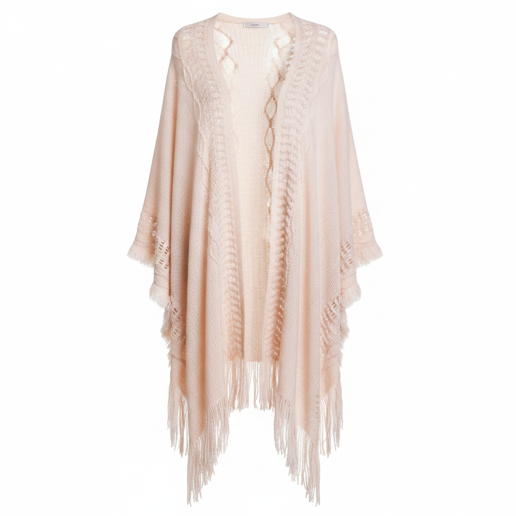 Women's ivory beige ruana wrap, close-up ladder stitch open-knit texture and cream fringe trim