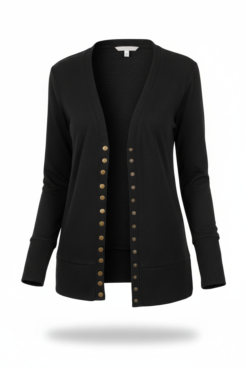 Soft ribbed snap button cardigan in black, front view showing decorative buttons and ribbed knit texture