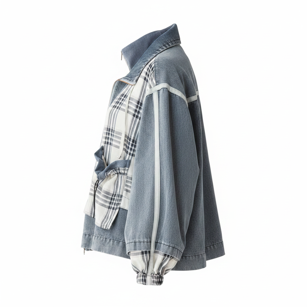 Women's blue plaid mixed media jacket side view, balloon sleeve ruching detail, drawstring patch pocket, washed denim