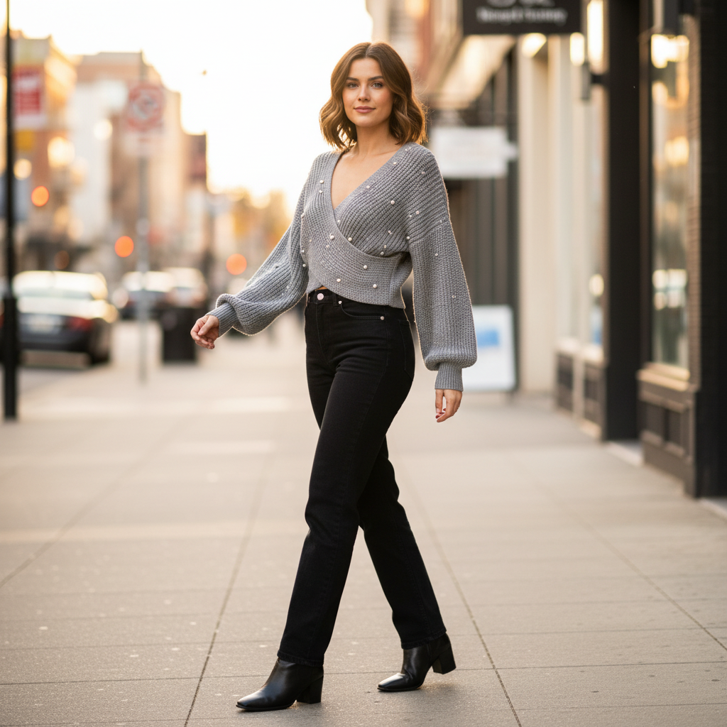 Love Tree women's grey pearl cropped sweater, wrap neckline, balloon sleeves, city sidewalk date night outfit