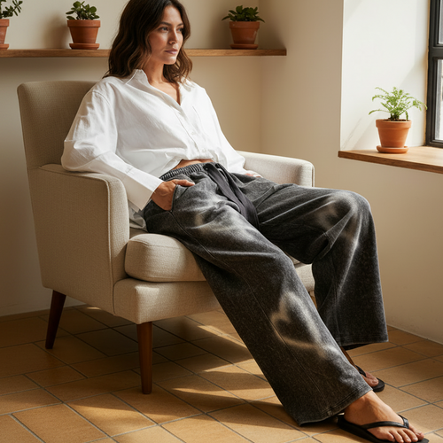 POL Clothing women's charcoal heart print wide-leg pants seated neutral interior brunch styling