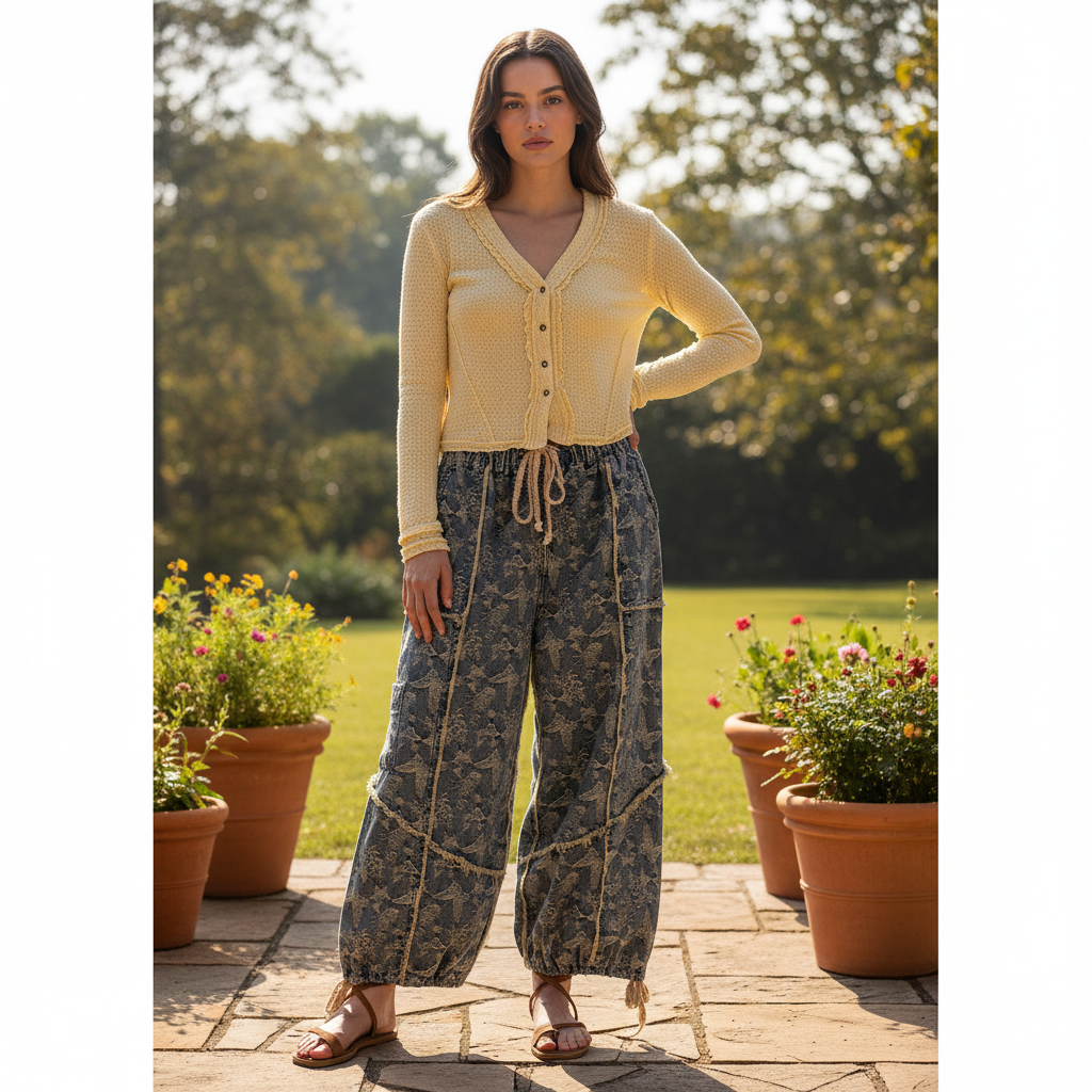 Bluevelvet women's denim floral balloon pants with frayed seam trim and rope drawstring, garden patio styling - BellanBlue