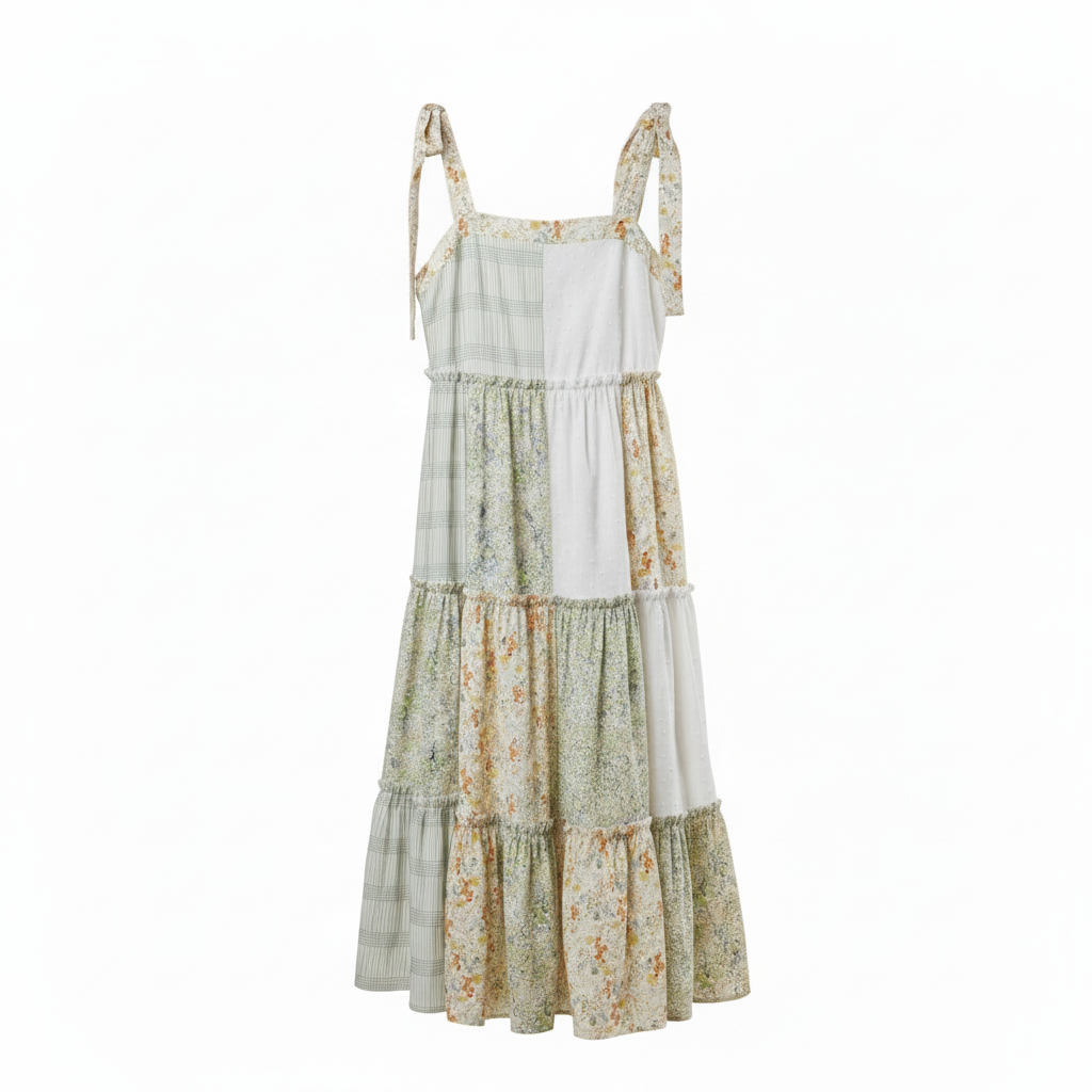 Women's patchwork tiered maxi dress front view, sage plaid and white swiss dot bodice, floral tie shoulders