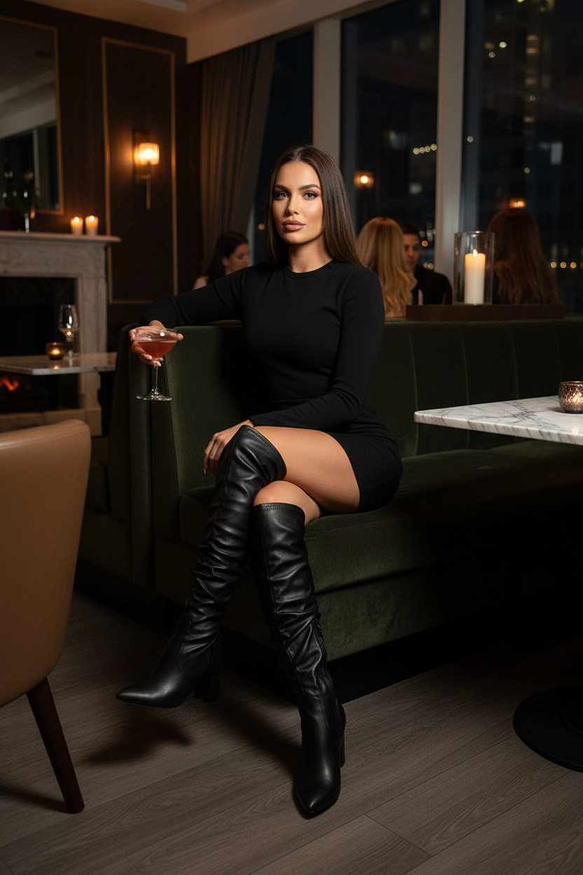Black over-the-knee boots styled with mini dress at upscale lounge evening setting