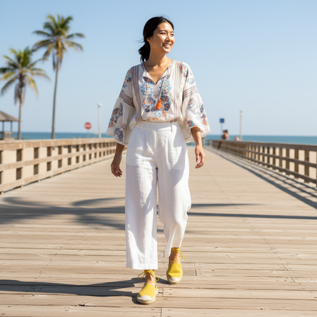 Women's yellow suede espadrille lace-up flat sandals styled with white linen pants for a casual summer beach outfit