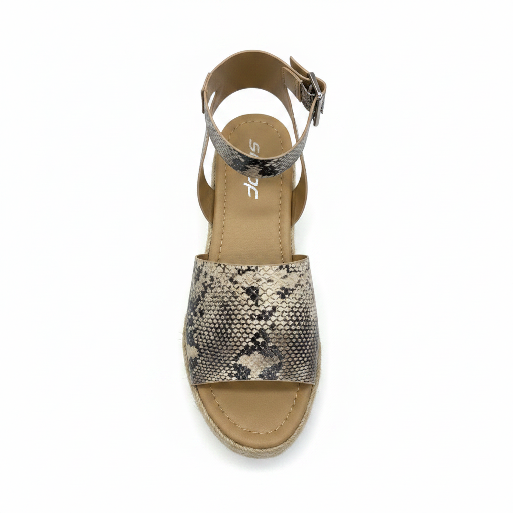 Women's dark grey python espadrille platform sandal top view open toe ankle strap jute braided sole white rubber outsole