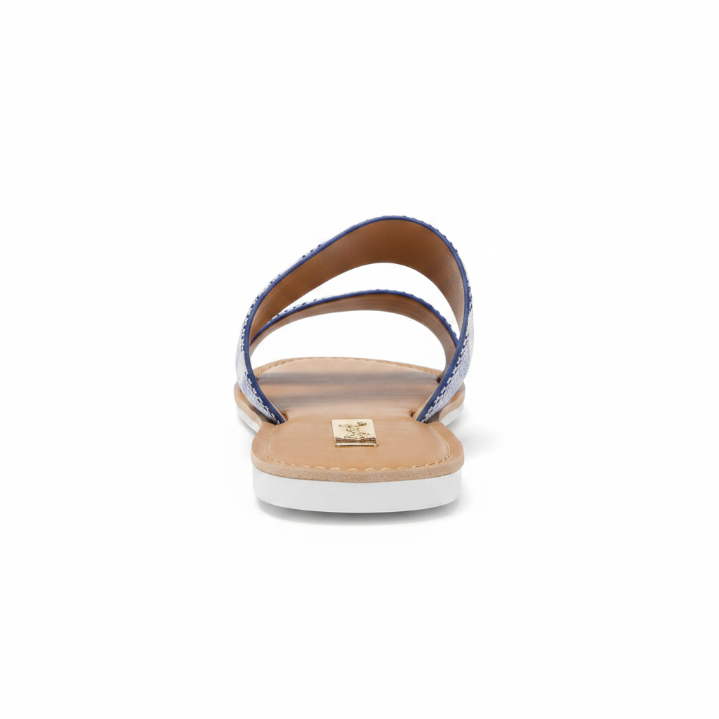 Qupid ATHENA-1076AXX flat slide sandal rear view showing navy-white woven ankle band and white sole