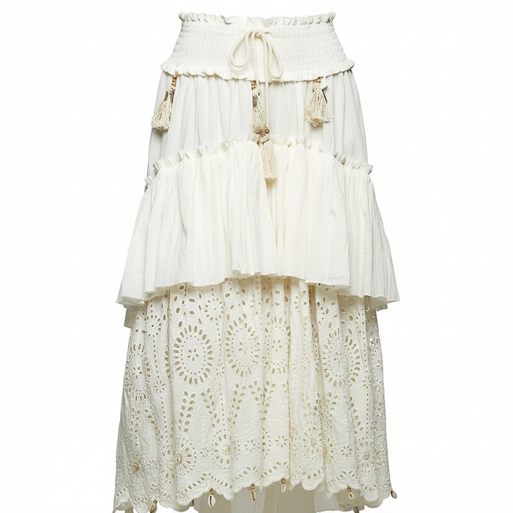 Women's POL Clothing ivory maxi skirt detail tassel trim eyelet lace scalloped hem texture