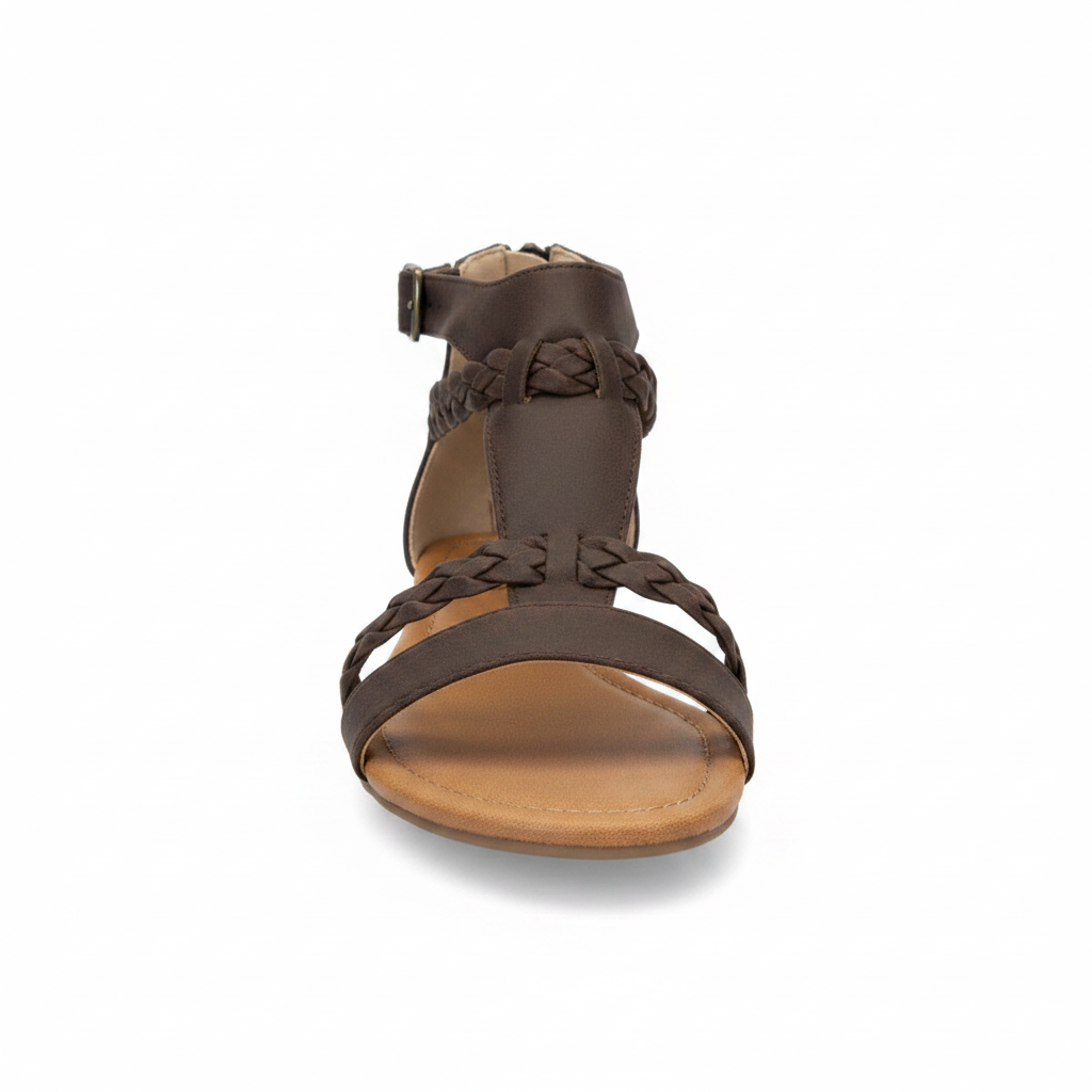 Women's dark brown flat T-strap sandal front view braided woven strap open toe silver buckle