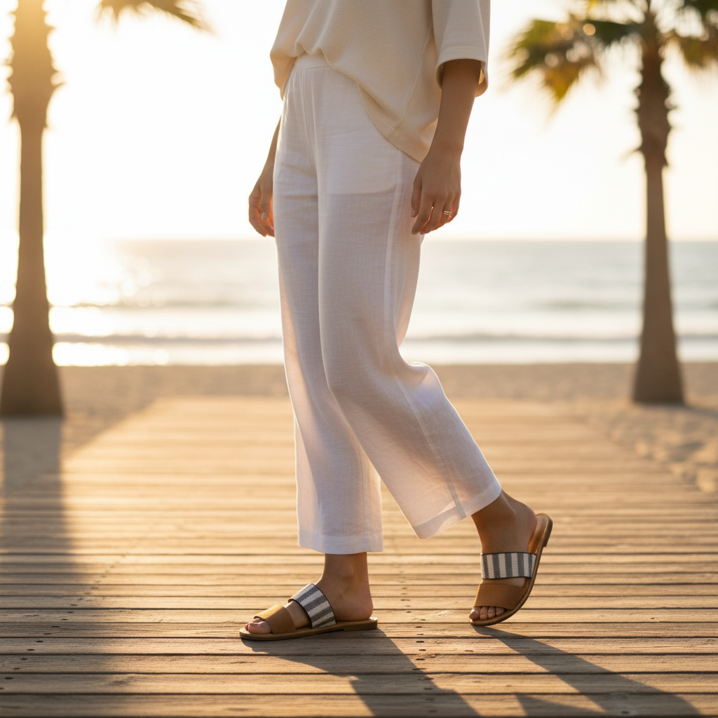 Women wearing camel two-band flat slide sandals with striped woven strap on sunny beach boardwalk summer outfit