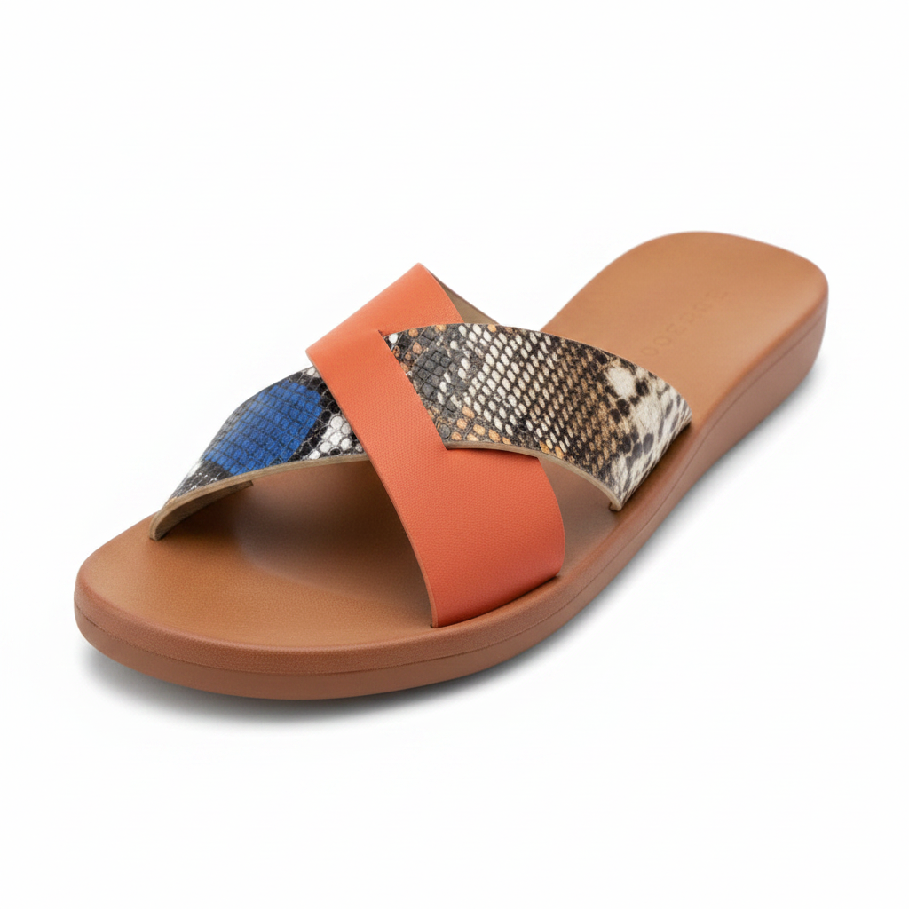 Women's cross strap slide sandal 3/4 front angle hero view - terracotta orange strap with python-print patchwork upper in brown and cobalt blue on cognac sole - BellanBlue