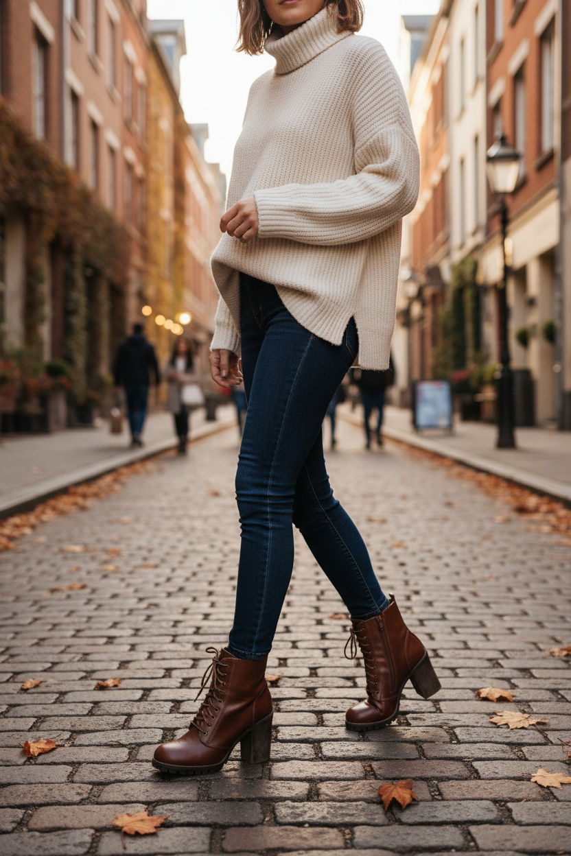 Woman wearing brown leather combat boots with jeans and sweater in urban setting