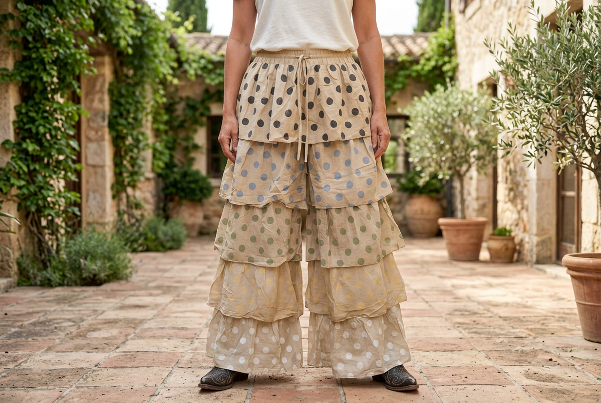 A Rare Bird Shop women's beige polka dot pants, full-length wide-leg silhouette in a garden courtyard