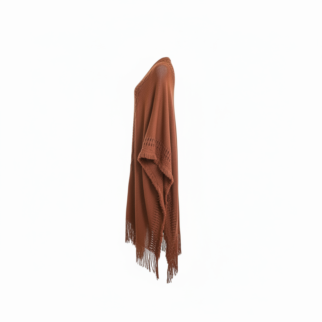Women's cognac brown open-knit wrap cardigan, side profile, floor-length batwing sleeve, frayed trim