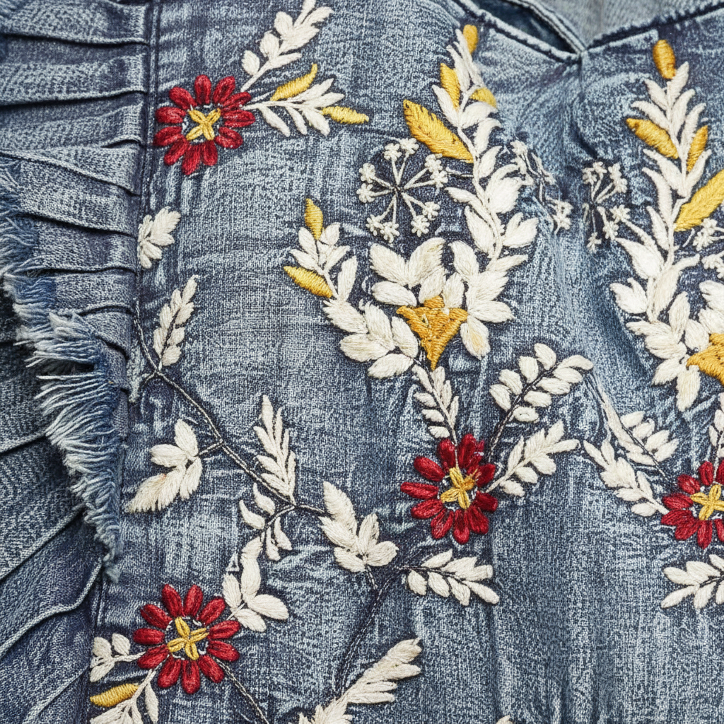 Women's denim tote bag embroidery stitching and ruffle trim detail, fabric texture close-up