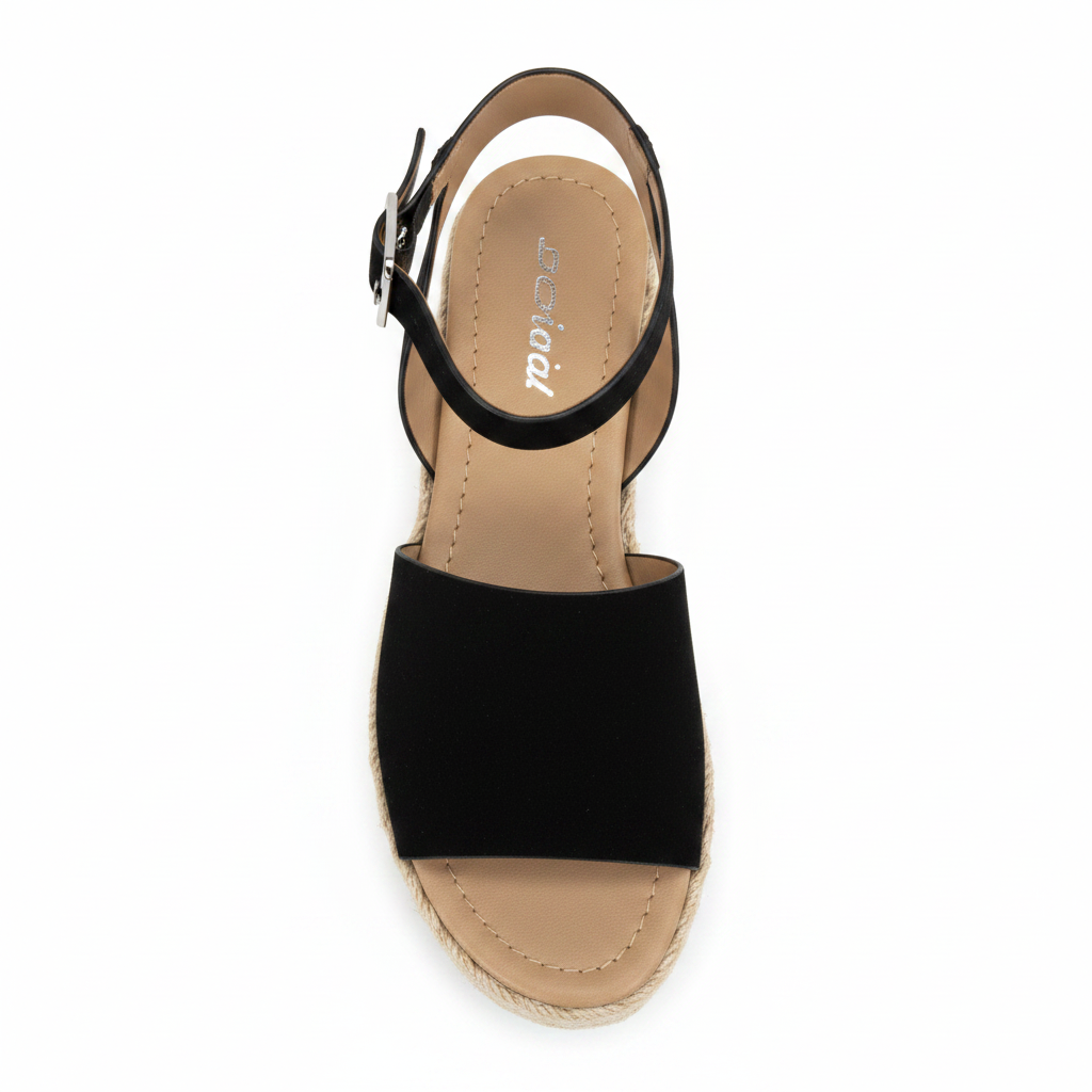 Women's black espadrille platform sandal top-down view showing wide toe strap, ankle strap, and tan footbed - Soda