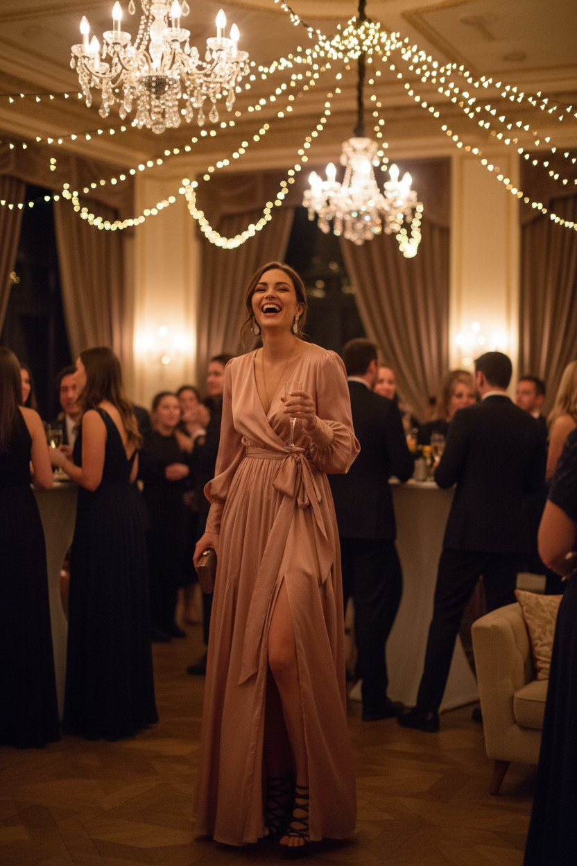 Woman in champagne satin wrap dress at cocktail party