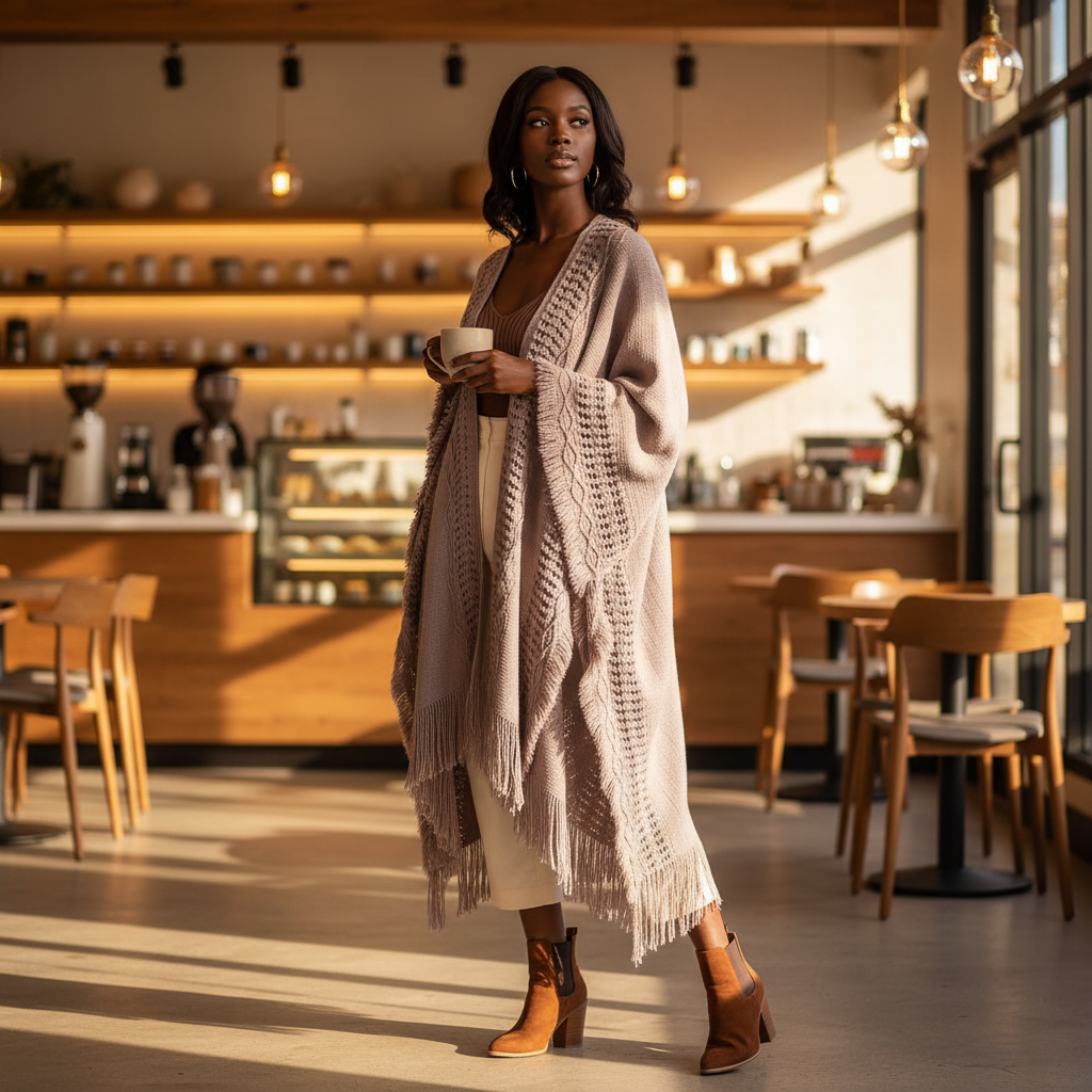 Women's heather gray open-knit ruana wrap with fringe trim, floor-length oversized boho silhouette