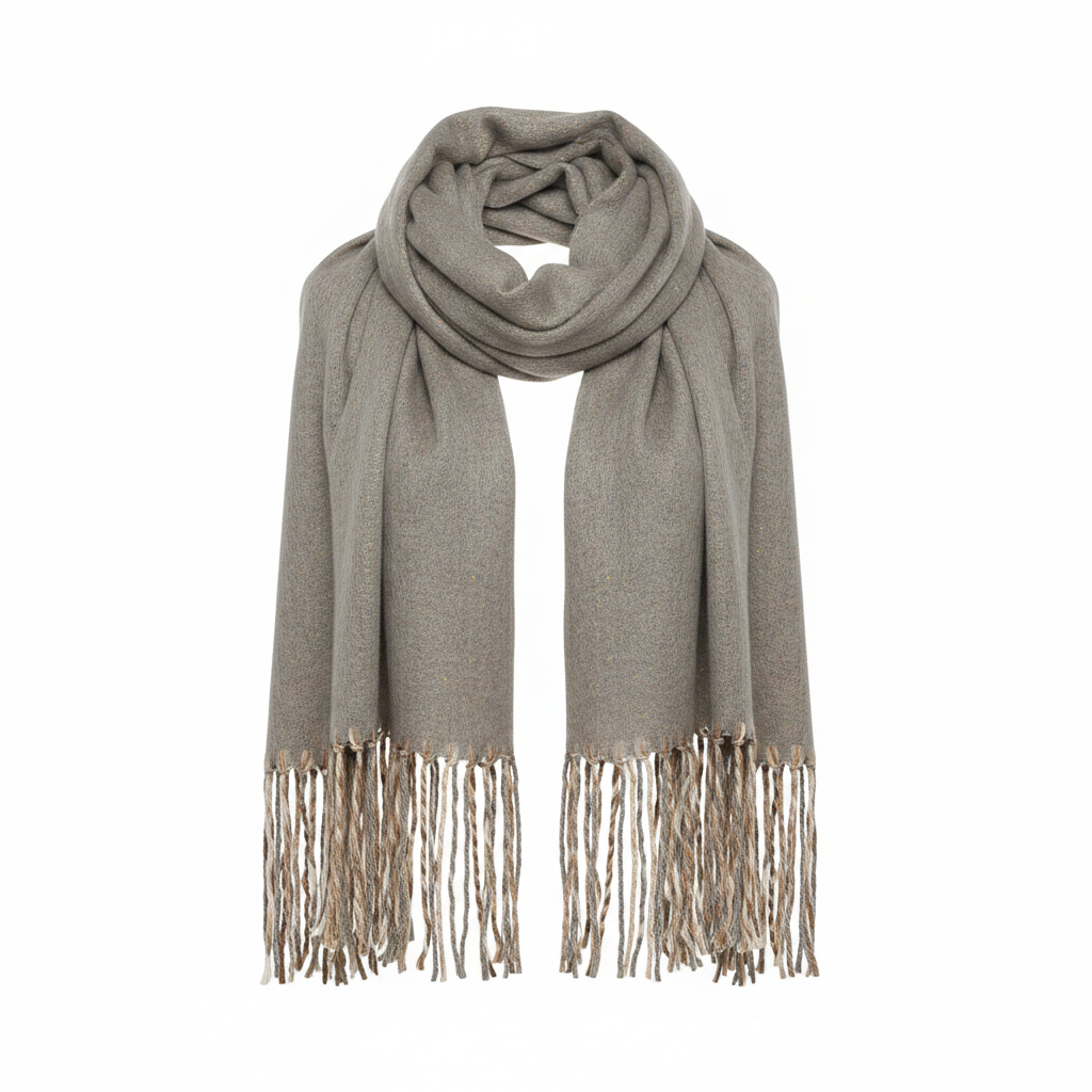 Women's heather gray speckled knit scarf wrap, front view, soft brushed fabric, neutral fringe ends
