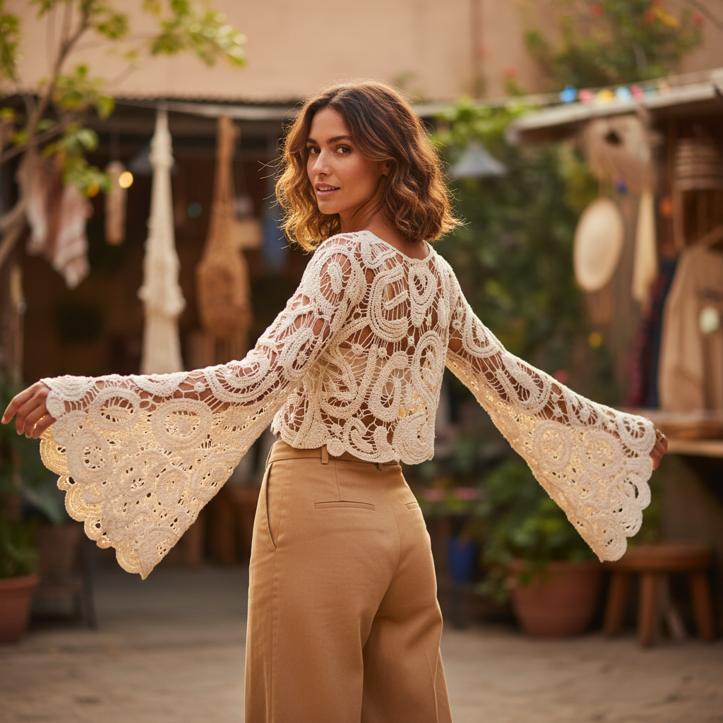 Women's beige crochet bell sleeve crop top boho courtyard camel wide-leg trousers arms extended