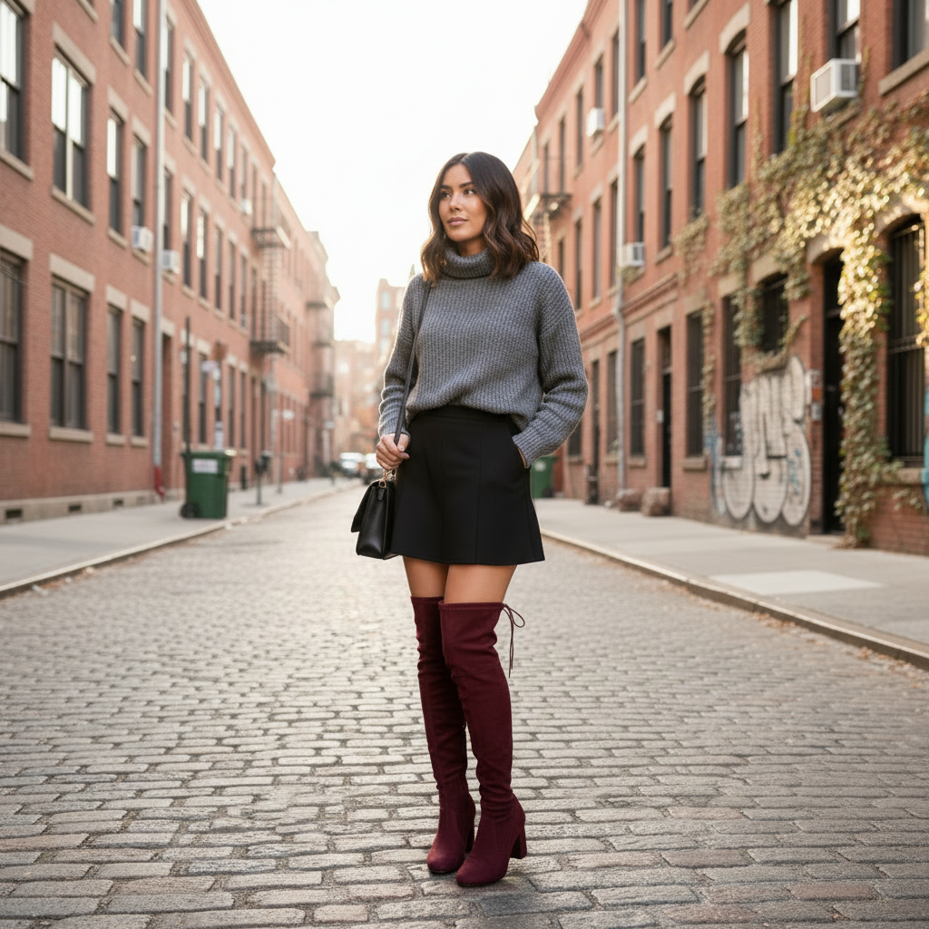 Woman wearing a gray sweater, black skirt, and burgundy knee-high boots on a city street.