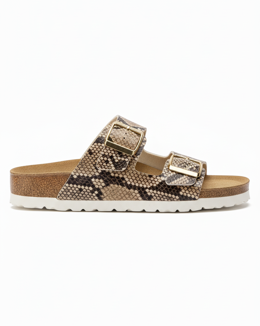 Snake print slide sandal side profile showing cork footbed height and black rubber sole thickness