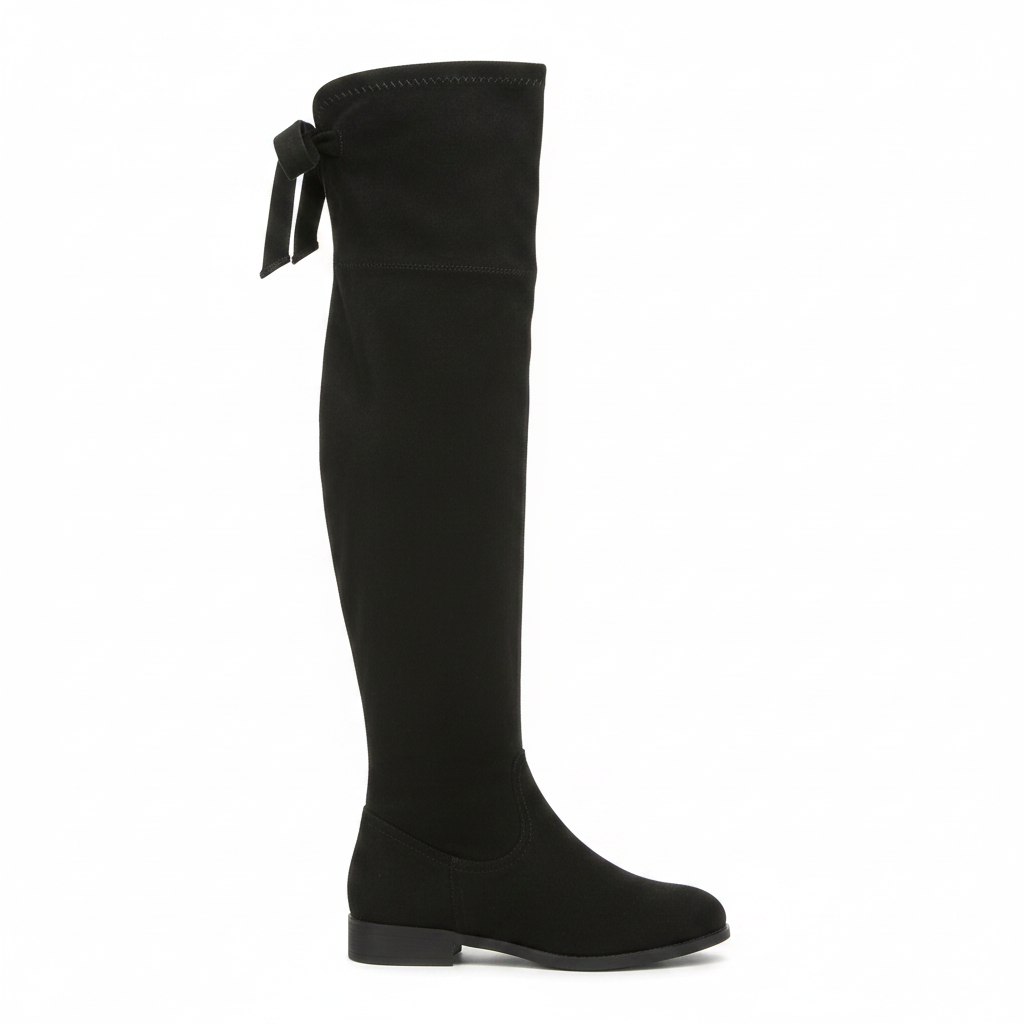 Verona black faux suede over-the-knee boot, inner side profile showing back tie bow detail on white background