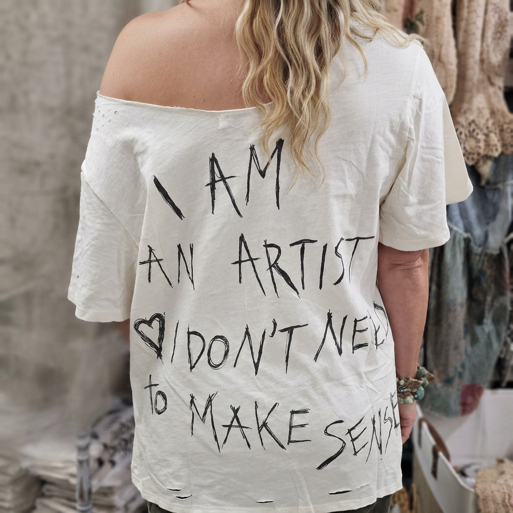 Back of an ivory off-shoulder tee with hand-lettered text reading I am an artist, I don't need to make sense