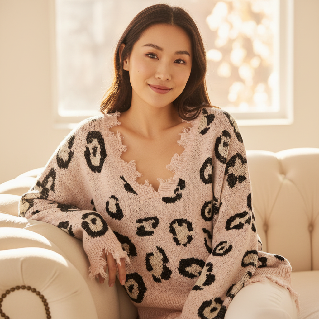 Women's blush leopard print knit sweater, seated, frayed hem, cozy oversized relaxed silhouette