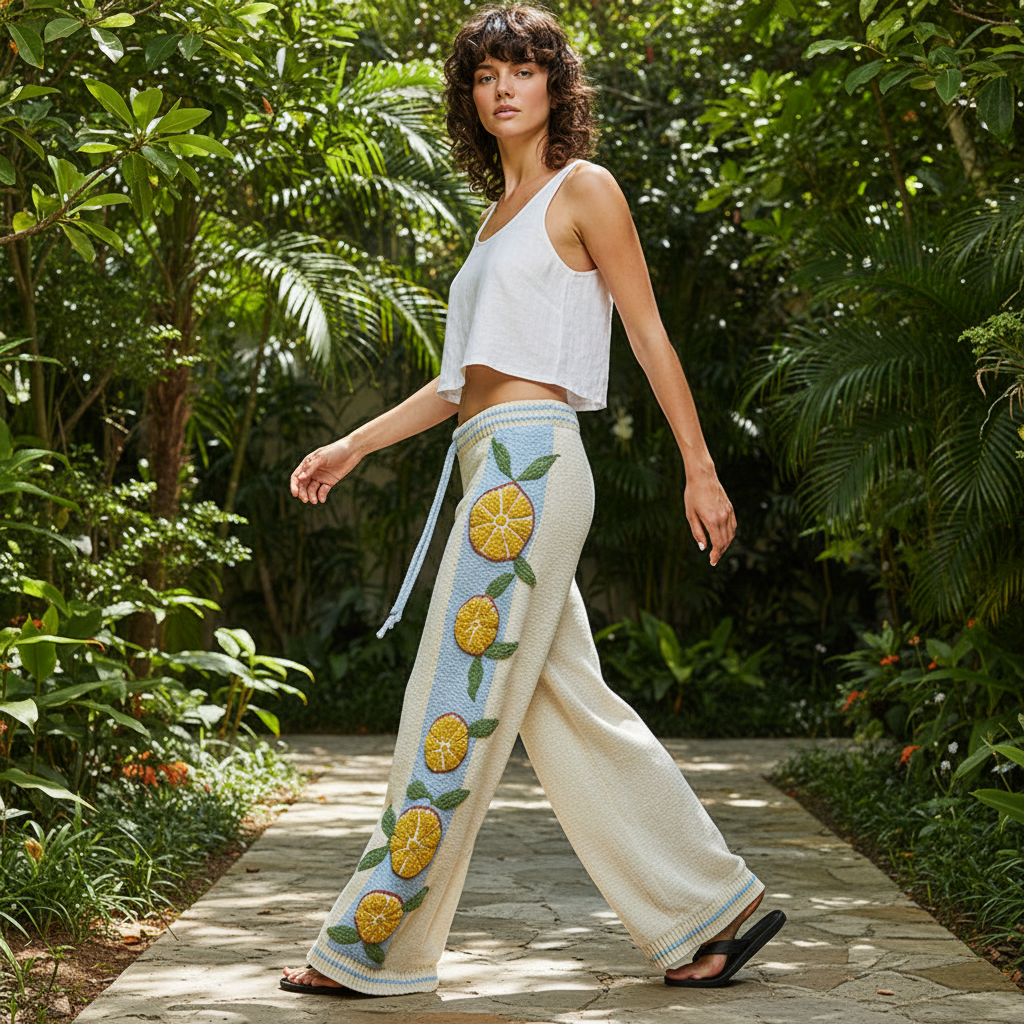 POL Clothing cream wide-leg knit pants with citrus applique, walking in garden patio, resort boho style