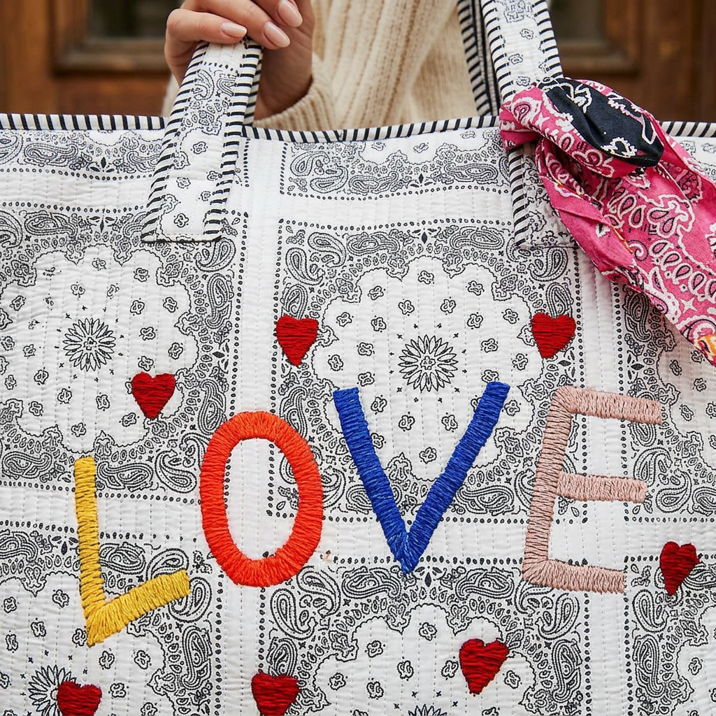Close-up of colorful LOVE embroidery and red hearts on a quilted paisley tote