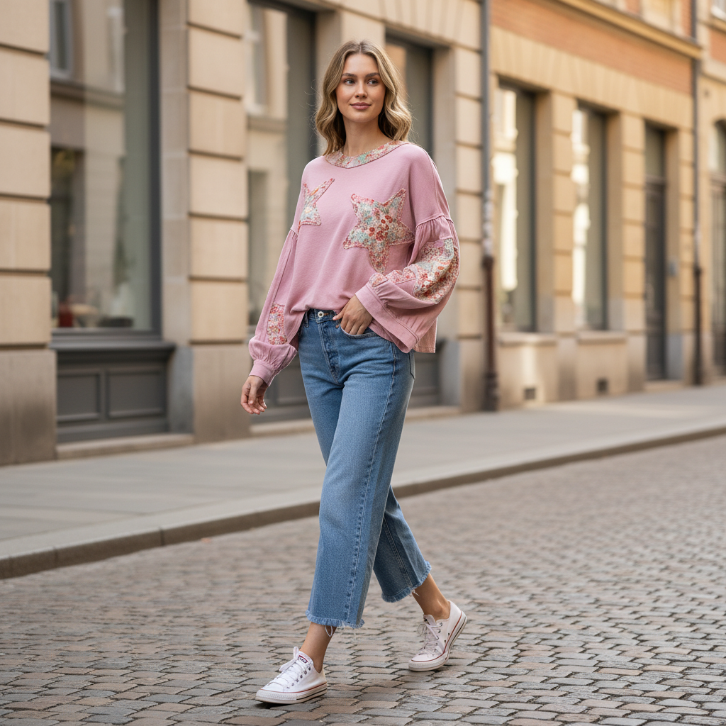 Pink boho patchwork floral top styled on model walking on city street
