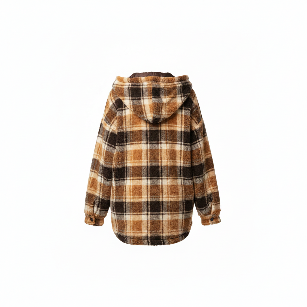 Back view of women's brown plaid fuzzy sherpa shacket ghost mannequin hooded oversized fit