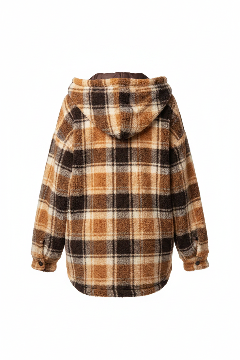 Back view of women's brown plaid fuzzy sherpa shacket ghost mannequin hooded oversized fit