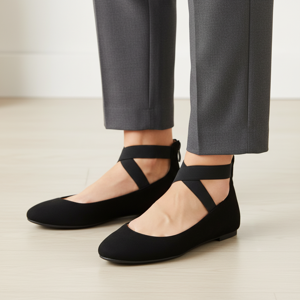 Close-up detail of Bella Marie black suede ballet flat highlighting crisscross elastic ankle strap, ankle-down view with trousers