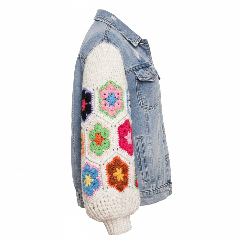 Women's light blue denim jacket side profile showing three-part crochet balloon sleeve volume and ribbed cuff