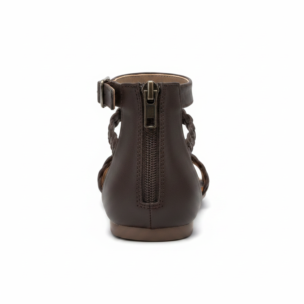 Women's chocolate brown flat sandal back view zip closure silver zipper pull heel detail