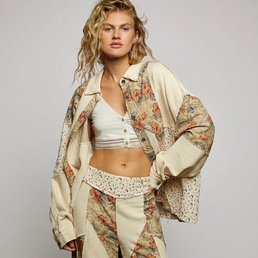 Woman wearing an open cream floral patchwork shirt over an ivory cropped camisole against a seamless gray background.