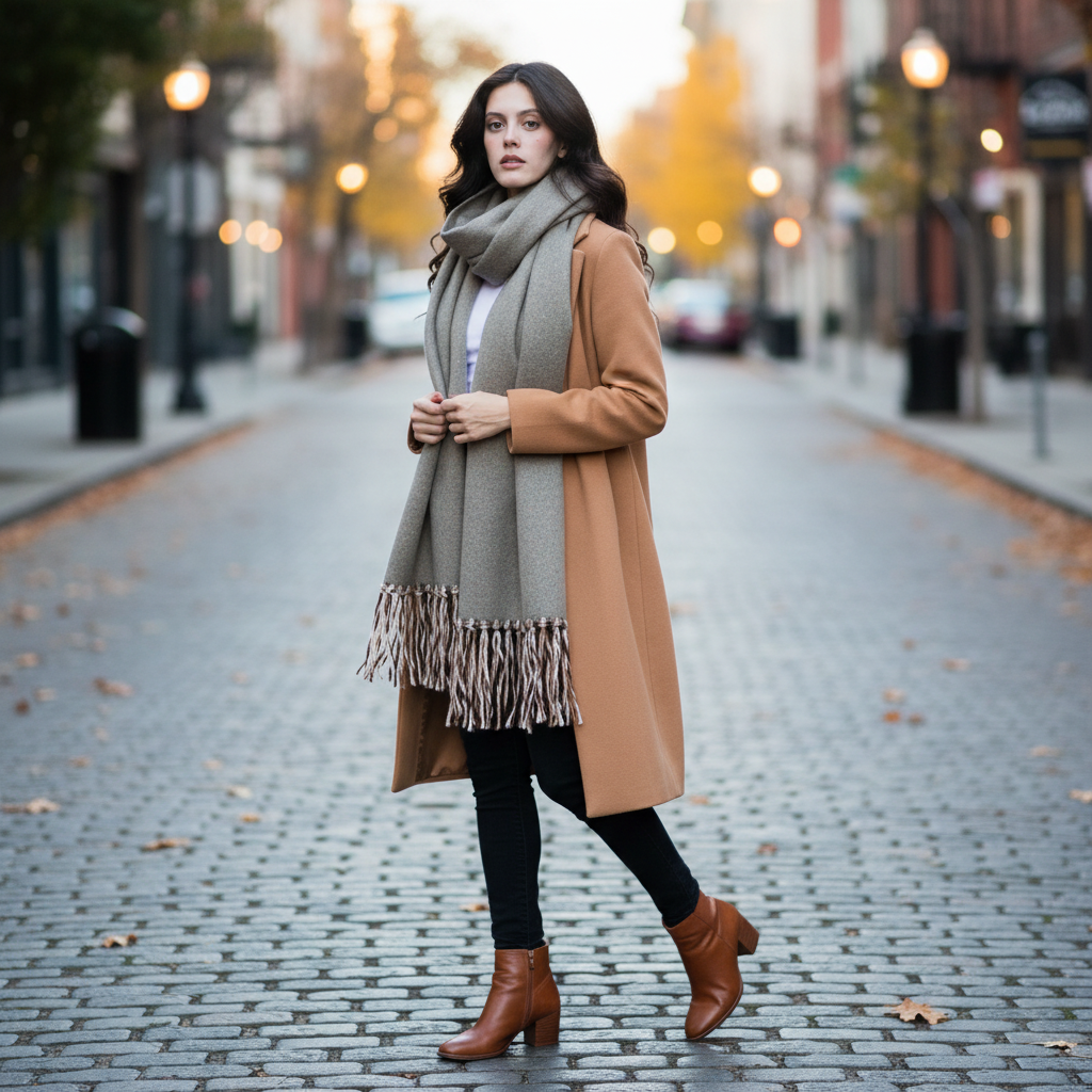 Women's heather gray speckled wrap scarf draped over coat, neutral fringe ends, boho street style