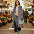 Women's floral patch balloon sleeve jacket black stripe twill casual weekend boho coat