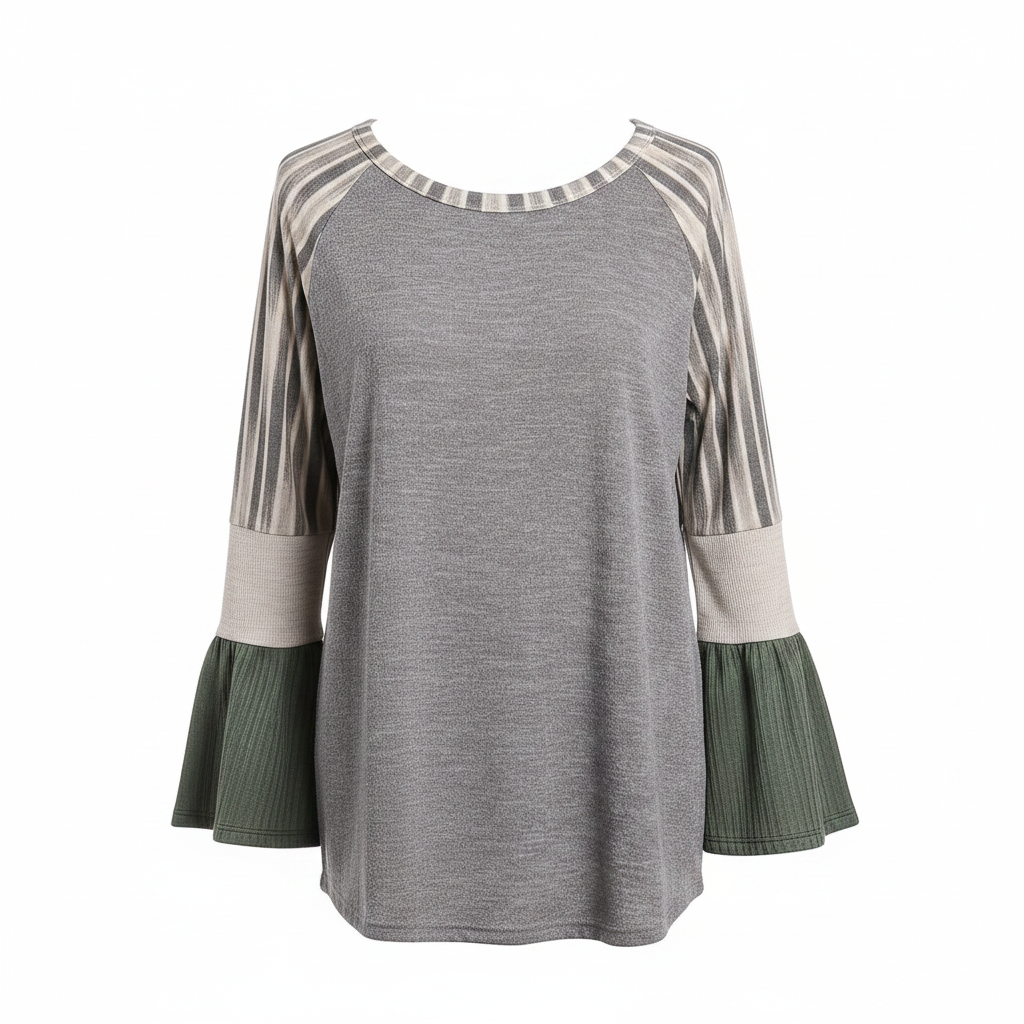 Women's grey marled knit top, stripe raglan sleeves, olive green bell ruffle cuffs, mixed fabric relaxed fit