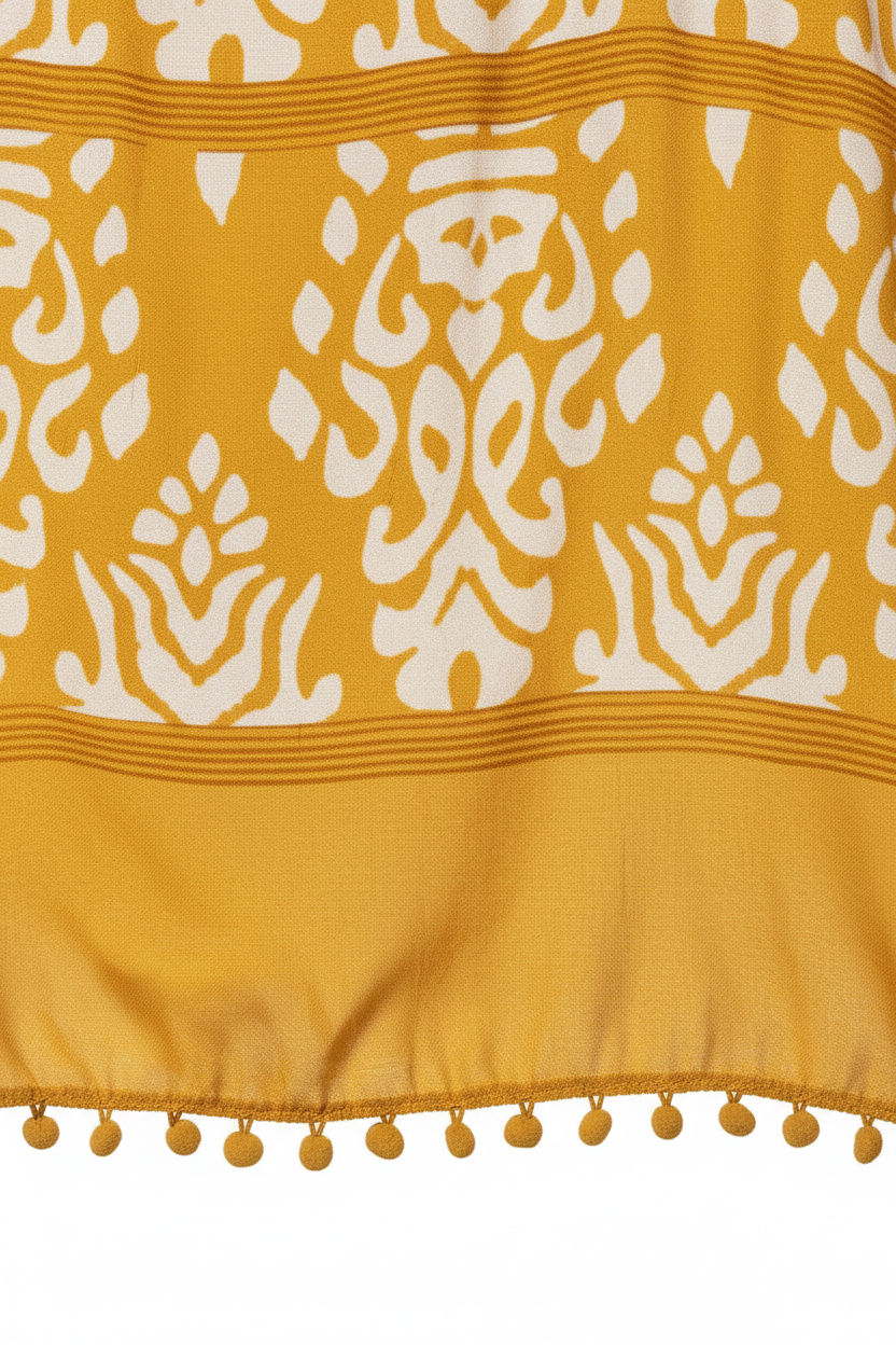 Damask kimono - detail shot of print pattern and pom-pom trim